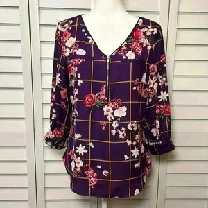 New York & Company Floral V-Neck 3/4 Sleeve Top Size Medium